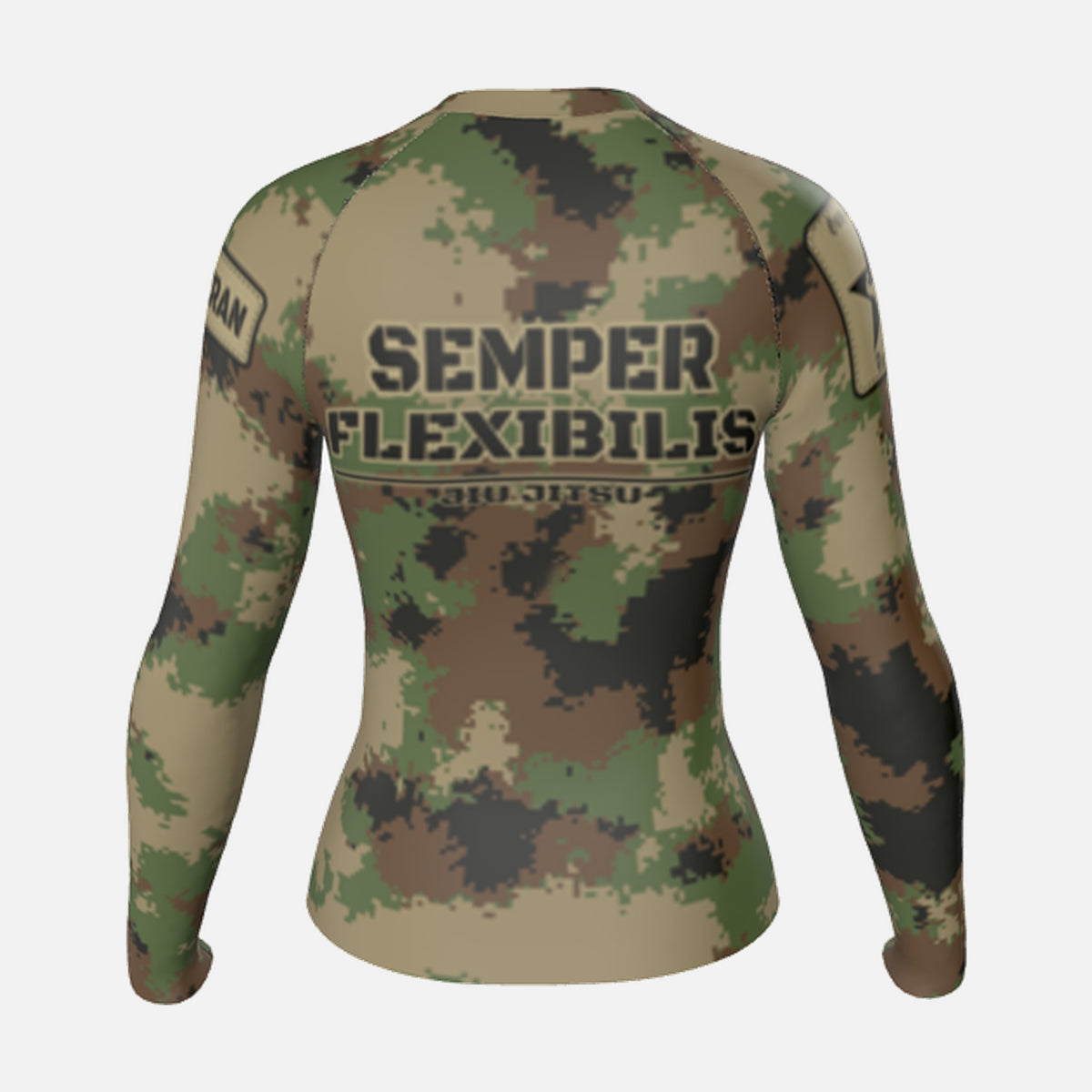 Women's Semper Flexibilis Woodland digital camo rash guard, long sleeve, back
