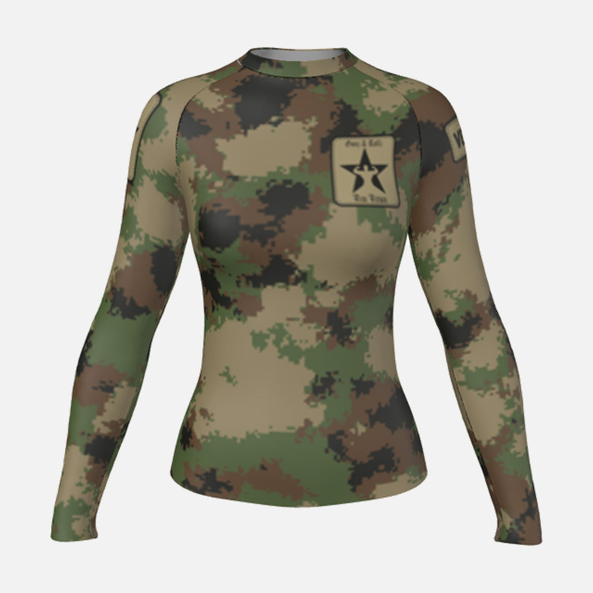 Women's Semper Flexibilis Woodland digital camo rash guard, long sleeve, front