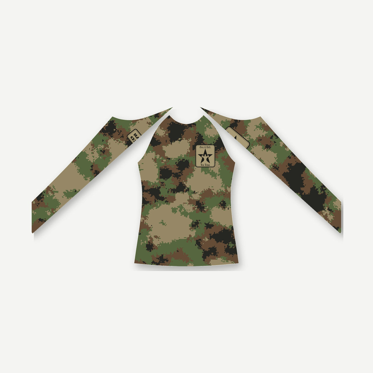 Semper Flexibilis woodland digital camo jiu jitsu rash guard by Gunz & Rollz, women's long sleeve, green, brown, coyote and black woodland digital camo with a small Gunz & Rollz star patch on the chest, front view