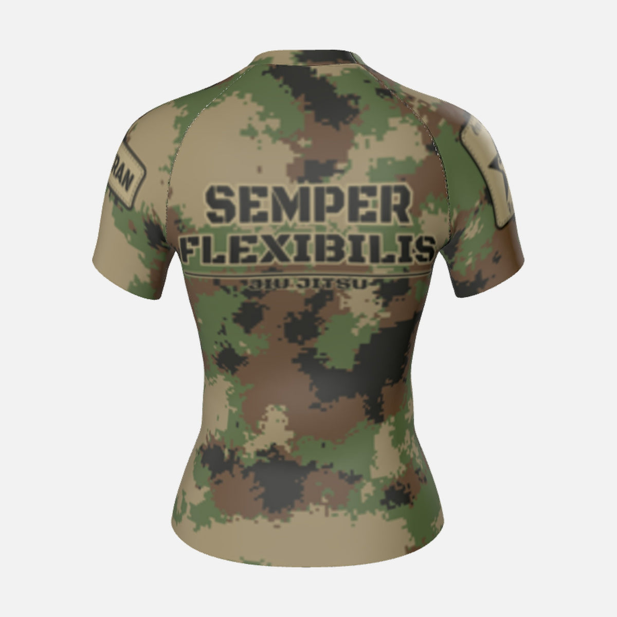 Women's Semper Flexibilis Woodland digital camo rash guard, short sleeve, back