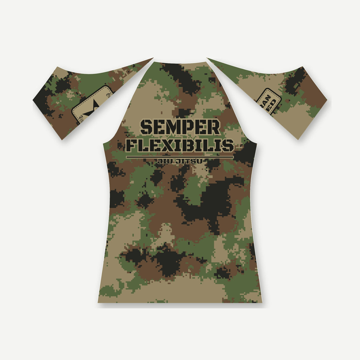 Semper Flexibilis woodland digital camo jiu jitsu rash guard by Gunz & Rollz, women's short sleeve, green, brown, coyote and black woodland digital camo with the large SEMPER FLEXIBILIS JIU JITSU wordmark across the upper back, back view
