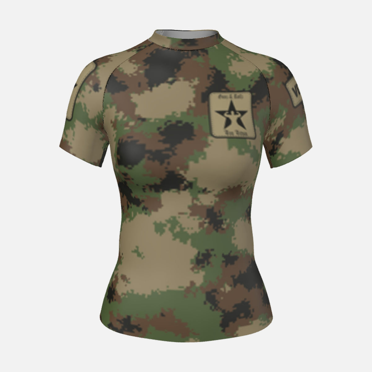 Women's Semper Flexibilis Woodland digital camo rash guard, short sleeve, front