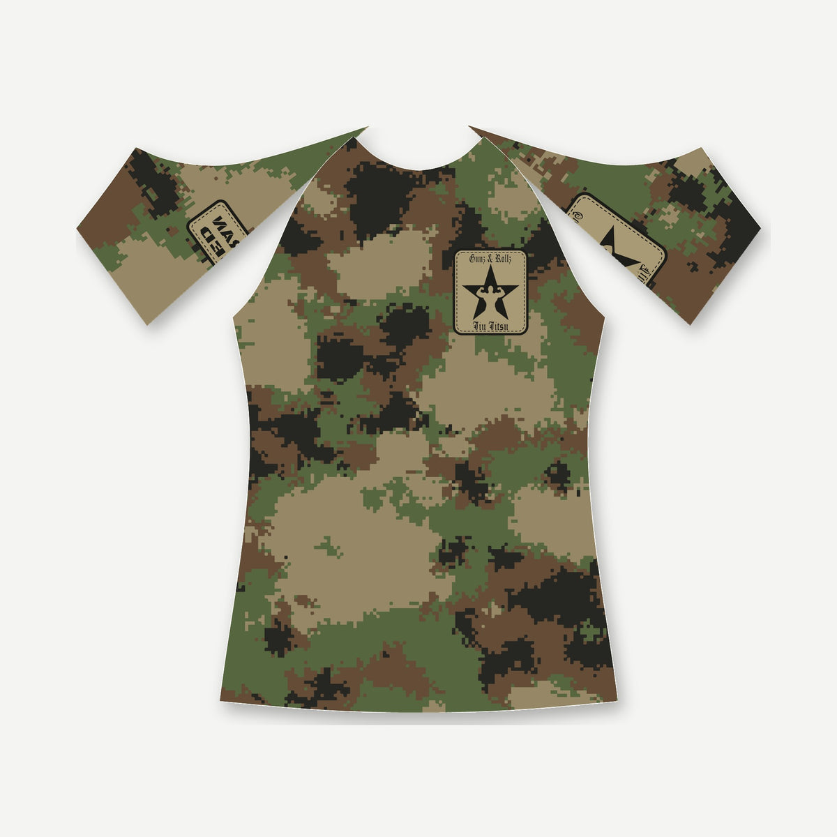 Semper Flexibilis woodland digital camo jiu jitsu rash guard by Gunz & Rollz, women's short sleeve, green, brown, coyote and black woodland digital camo with a small Gunz & Rollz star patch on the chest, front view