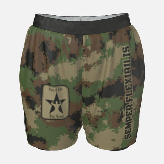 Women's Semper Flexibilis Woodland digital camo grappling shorts, front