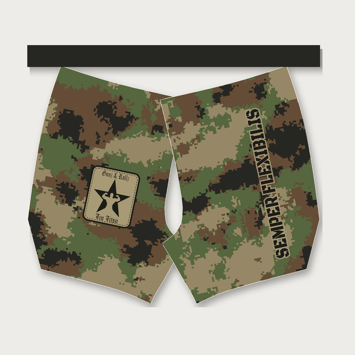 Semper Flexibilis woodland digital camo women's 2-in-1 grappling shorts with compression liner by Gunz & Rollz, green, brown, coyote and black woodland digital camo with black waistband, Gunz & Rollz star patch and SEMPER FLEXIBILIS down the leg, front view
