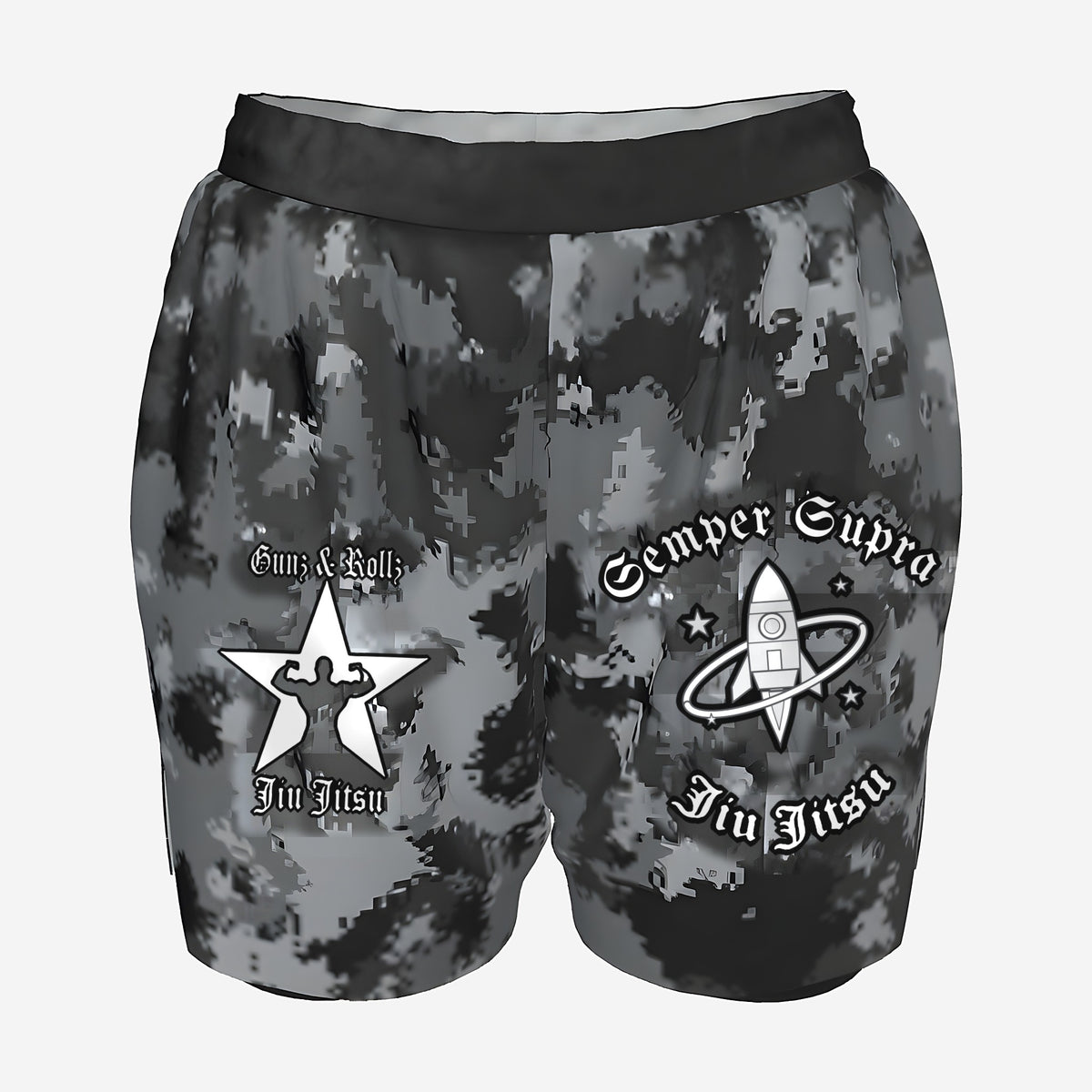 Women's Space Force camo grappling shorts by Gunz & Rollz with black waistband and compression liner, Space Force-inspired Jiu Jitsu logo and Gunz & Rollz star logo