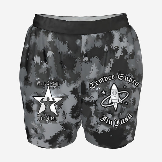 Women's Space Force camo grappling shorts by Gunz & Rollz with black waistband and compression liner, Space Force-inspired Jiu Jitsu logo and Gunz & Rollz star logo