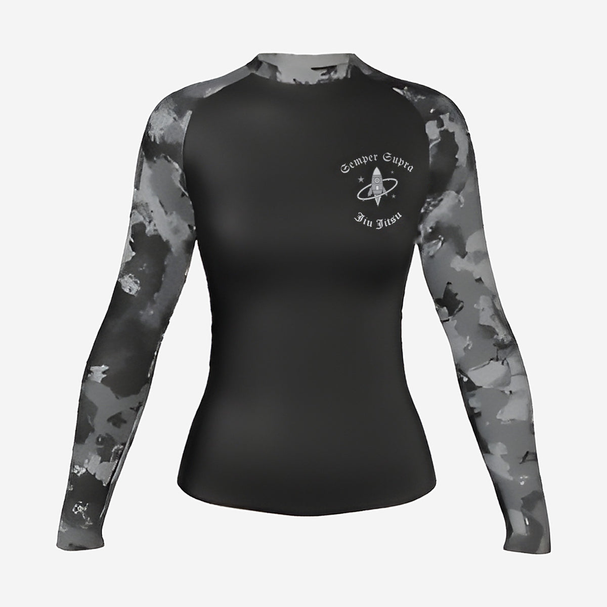 Women's Space Force camo BJJ rash guard by Gunz & Rollz, long sleeve, black body with gray camo sleeves, front view