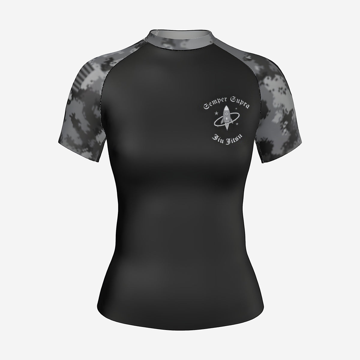 Women's Space Force camo BJJ rash guard by Gunz & Rollz, short sleeve, black body with gray camo sleeves, front view