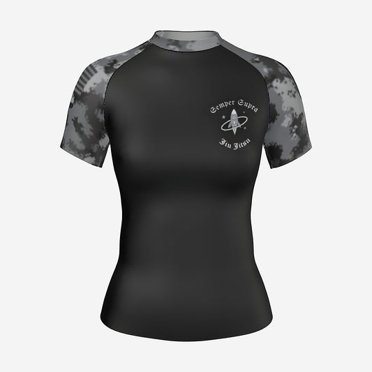 Women's Space Force camo BJJ rash guard by Gunz & Rollz, short sleeve, black body with gray camo sleeves, front view