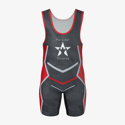Kids Iron Clad wrestling singlet by Gunz & Rollz, charcoal and red, front view