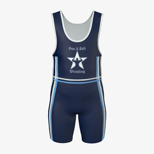 Kids Old School wrestling singlet by Gunz & Rollz, navy with light blue and white stripes, front view