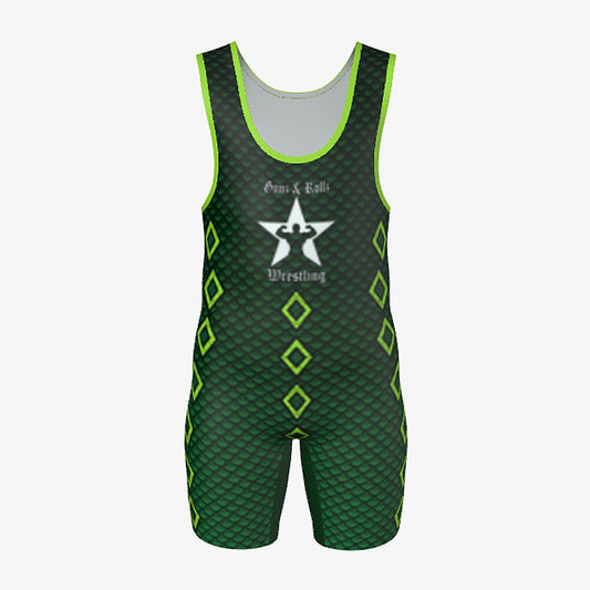 Kids Venom wrestling singlet by Gunz & Rollz, green snake scale, front view
