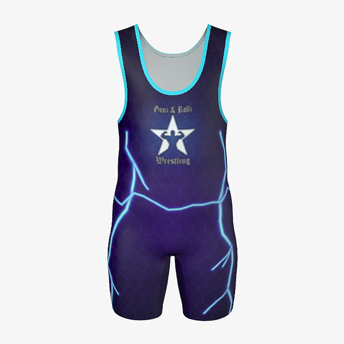 Kids Voltage wrestling singlet by Gunz & Rollz, purple with blue lightning, front view