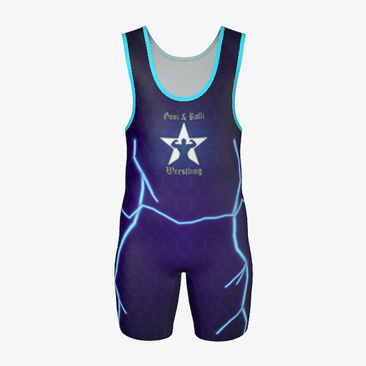 Kids Voltage wrestling singlet by Gunz & Rollz, purple with blue lightning, front view